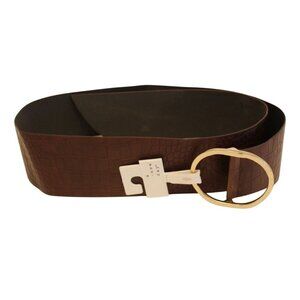 A New Day Womens Brown Faux Croc Wide Belt Gold Oval Buckle Size XL